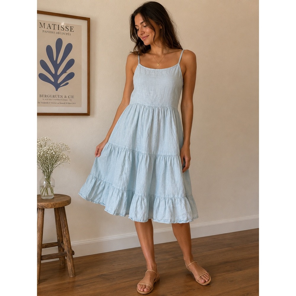 Valentina Naldi Italy Light Blue 100% Linen Tiered Babydoll Dress Art 6565 M